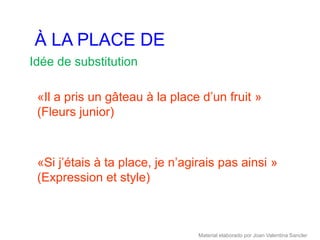À LA PLACE DE
Idée de substitution

 «Il a pris un gâteau à la place d’un fruit »
 (Fleurs junior)



 «Si j’étais à ta place, je n’agirais pas ainsi »
 (Expression et style)



                                 Material elaborado por Joan Valentina Sancler
 