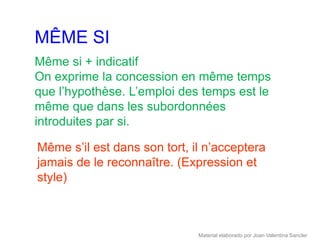 MÊME SI
Même si + indicatif
On exprime la concession en même temps
que l’hypothèse. L’emploi des temps est le
même que dans les subordonnées
introduites par si.

Même s’il est dans son tort, il n’acceptera
jamais de le reconnaître. (Expression et
style)



                              Material elaborado por Joan Valentina Sancler
 