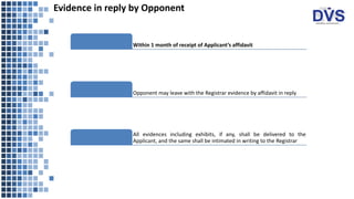 Evidence in reply by Opponent
Within 1 month of receipt of Applicant’s affidavit
Opponent may leave with the Registrar evidence by affidavit in reply
All evidences including exhibits, if any, shall be delivered to the
Applicant, and the same shall be intimated in writing to the Registrar
 