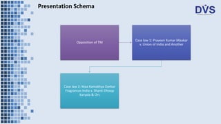 Presentation Schema
Opposition of TM
Case law 1: Praveen Kumar Maakar
v. Union of India and Another
Case law 2: Maa Kamakhya Darbar
Fragrances India v. Shanti Dhoop
Karyala & Ors
 