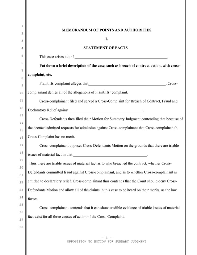 Opposition to a California summary judgment motion