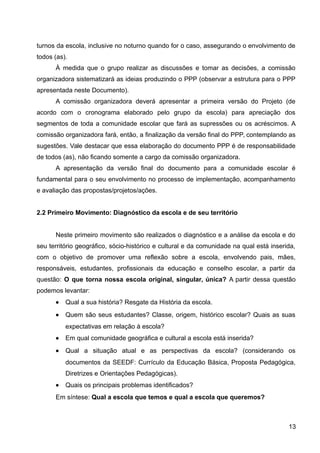 turnos da escola, inclusive no noturno quando for o caso, assegurando o envolvimento de
todos (as).
À medida que o grupo realizar as discussões e tomar as decisões, a comissão
organizadora sistematizará as ideias produzindo o PPP (observar a estrutura para o PPP
apresentada neste Documento).
A comissão organizadora deverá apresentar a primeira versão do Projeto (de
acordo com o cronograma elaborado pelo grupo da escola) para apreciação dos
segmentos de toda a comunidade escolar que fará as supressões ou os acréscimos. A
comissão organizadora fará, então, a finalização da versão final do PPP, contemplando as
sugestões. Vale destacar que essa elaboração do documento PPP é de responsabilidade
de todos (as), não ficando somente a cargo da comissão organizadora.
A apresentação da versão final do documento para a comunidade escolar é
fundamental para o seu envolvimento no processo de implementação, acompanhamento
e avaliação das propostas/projetos/ações.
2.2 Primeiro Movimento: Diagnóstico da escola e de seu território
Neste primeiro movimento são realizados o diagnóstico e a análise da escola e do
seu território geográfico, sócio-histórico e cultural e da comunidade na qual está inserida,
com o objetivo de promover uma reflexão sobre a escola, envolvendo pais, mães,
responsáveis, estudantes, profissionais da educação e conselho escolar, a partir da
questão: O que torna nossa escola original, singular, única? A partir dessa questão
podemos levantar:
• Qual a sua história? Resgate da História da escola.
• Quem são seus estudantes? Classe, origem, histórico escolar? Quais as suas
expectativas em relação à escola?
• Em qual comunidade geográfica e cultural a escola está inserida?
• Qual a situação atual e as perspectivas da escola? (considerando os
documentos da SEEDF: Currículo da Educação Básica, Proposta Pedagógica,
Diretrizes e Orientações Pedagógicas).
• Quais os principais problemas identificados?
Em síntese: Qual a escola que temos e qual a escola que queremos?
13
 
