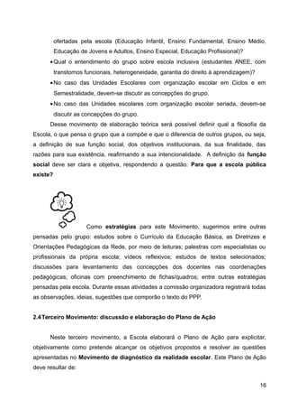 ofertadas pela escola (Educação Infantil, Ensino Fundamental, Ensino Médio,
Educação de Jovens e Adultos, Ensino Especial, Educação Profissional)?
•Qual o entendimento do grupo sobre escola inclusiva (estudantes ANEE, com
transtornos funcionais, heterogeneidade, garantia do direito à aprendizagem)?
•No caso das Unidades Escolares com organização escolar em Ciclos e em
Semestralidade, devem-se discutir as concepções do grupo.
•No caso das Unidades escolares com organização escolar seriada, devem-se
discutir as concepções do grupo.
Desse movimento de elaboração teórica será possível definir qual a filosofia da
Escola, o que pensa o grupo que a compõe e que o diferencia de outros grupos, ou seja,
a definição de sua função social, dos objetivos institucionais, da sua finalidade, das
razões para sua existência, reafirmando a sua intencionalidade. A definição da função
social deve ser clara e objetiva, respondendo a questão: Para que a escola pública
existe?
Como estratégias para este Movimento, sugerimos entre outras
pensadas pelo grupo: estudos sobre o Currículo da Educação Básica, as Diretrizes e
Orientações Pedagógicas da Rede, por meio de leituras; palestras com especialistas ou
profissionais da própria escola; vídeos reflexivos; estudos de textos selecionados;
discussões para levantamento das concepções dos docentes nas coordenações
pedagógicas; oficinas com preenchimento de fichas/quadros; entre outras estratégias
pensadas pela escola. Durante essas atividades a comissão organizadora registrará todas
as observações, ideias, sugestões que comporão o texto do PPP.
2.4Terceiro Movimento: discussão e elaboração do Plano de Ação
Neste terceiro movimento, a Escola elaborará o Plano de Ação para explicitar,
objetivamente como pretende alcançar os objetivos propostos e resolver as questões
apresentadas no Movimento de diagnóstico da realidade escolar. Este Plano de Ação
deve resultar de:
16
 