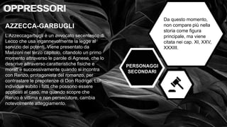 • OPPRESSI OPPRESSORI
OPPRESSORI
OPPRESSORI
AZZECCA-GARBUGLI
PERSONAGGI
SECONDARI
L’Azzeccagarbugli è un avvocato secentesco di
Lecco che usa ingannevolmente la legge al
servizio dei potenti. Viene presentato da
Manzoni nel terzo capitolo, citandolo un primo
momento attraverso le parole di Agnese, che lo
descrive attraverso caratteristiche fisiche e
morali e successivamente quando si incontra
con Renzo, protagonista del romanzo, per
contrastare le prepotenze di Don Rodrigo. Lui
individua subito i fatti che possono essere
applicati al caso, ma quando scopre che
Renzo è vittima e non persecutore, cambia
notevolmente atteggiamento.
Da questo momento,
non compare più nella
storia come figura
principale, ma viene
citata nei cap. XI, XXV,
XXXIII.
 