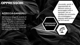 • OPPRESSI OPPRESSORI
OPPRESSORI
OPPRESSORI
AZZECCA-GARBUGLI
PERSONAGGI
SECONDARI
Nel romanzo funge da aiutante di
Don Rodrigo, di conseguenza ha
anche lui il ruolo di oppressore.
Non ha un ruolo fondamentale
nello svolgimento della trama e il
suo atteggiamento non muta mai
nel corso delle vicende.
L’avvocato, quindi, è
rappresentato da
Manzoni come un
personaggio buffo e
sgraziato, con un
carattere da commedia,
che simboleggia il
degrado della giustizia
nel XVII secolo.
 