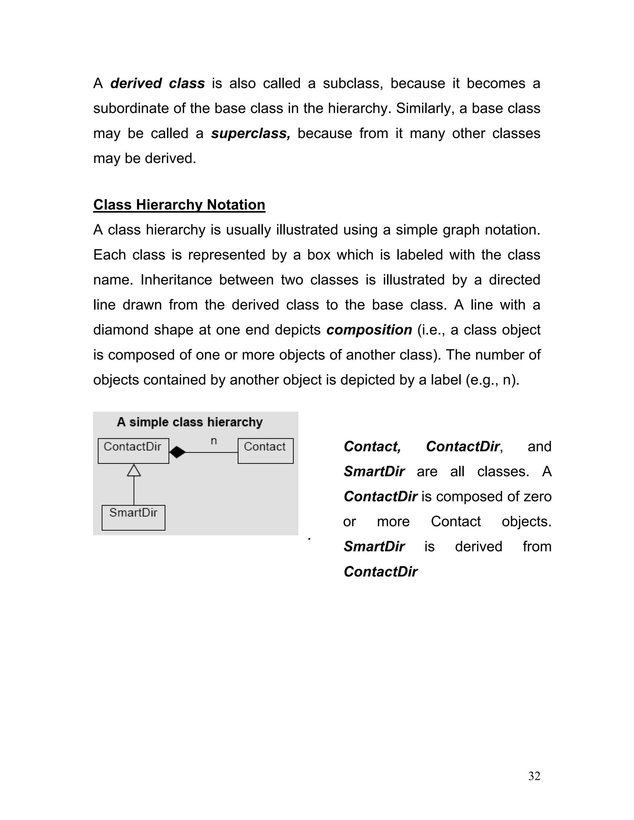A derived class is also called a subclass, because it becomes a subordinate of the base class in the hierarchy. Similarly, a base class may be called a superclass, because from it many other classes may be derived. 
Class Hierarchy Notation 
A class hierarchy is usually illustrated using a simple graph notation. Each class is represented by a box which is labeled with the class name. Inheritance between two classes is illustrated by a directed line drawn from the derived class to the base class. A line with a diamond shape at one end depicts composition (i.e., a class object is composed of one or more objects of another class). The number of objects contained by another object is depicted by a label (e.g., n). 
Contact, ContactDir, and SmartDir are all classes. A ContactDir is composed of zero or more Contact objects. SmartDir is derived from ContactDir 
. 
32 
