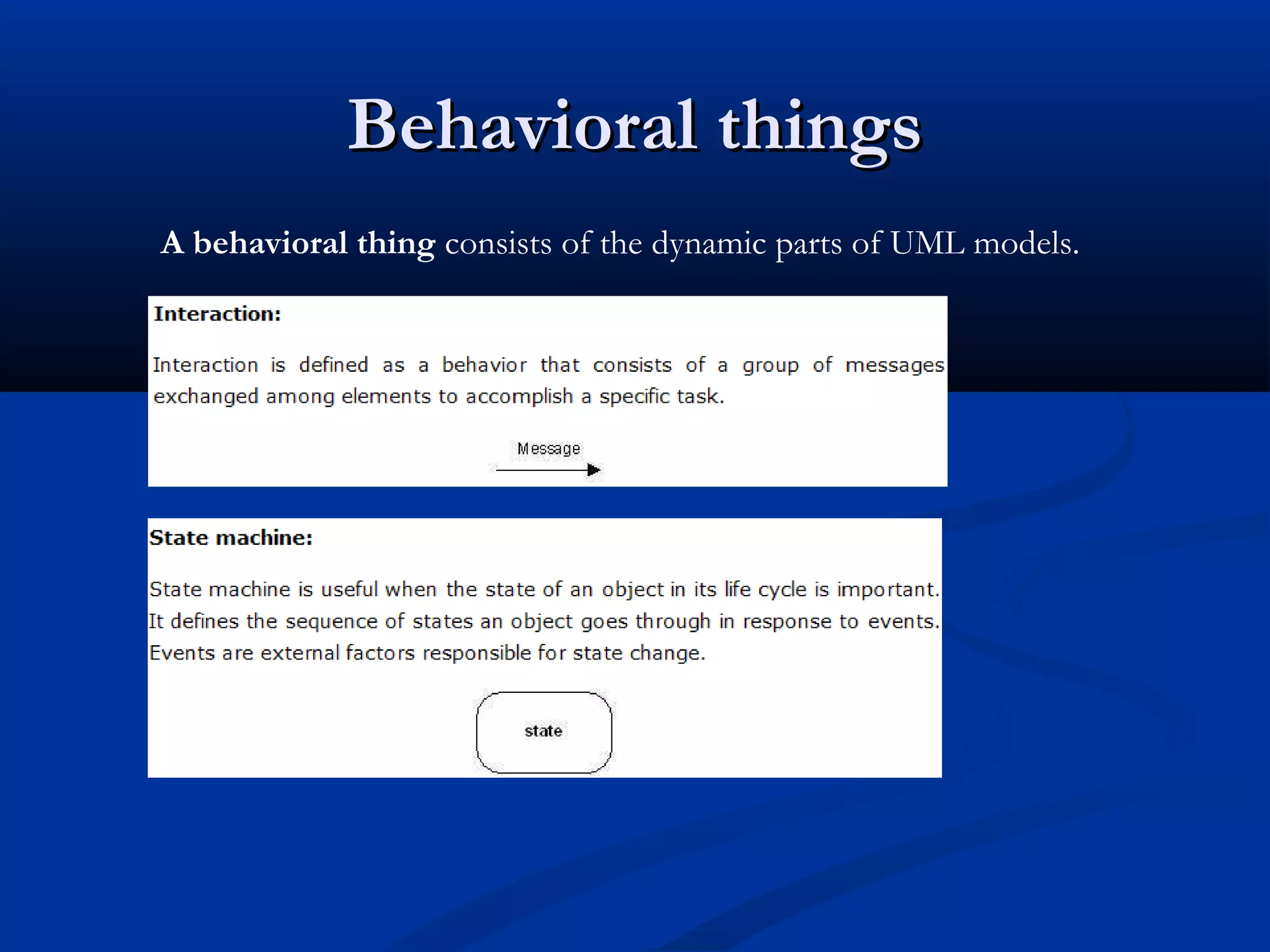 Behavioral thingsBehavioral things
A behavioral thing consists of the dynamic parts of UML models.
 