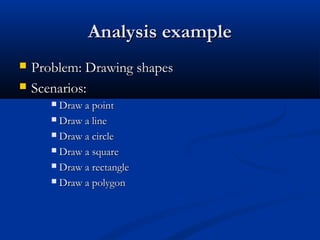 Analysis exampleAnalysis example
 Problem: Drawing shapesProblem: Drawing shapes
 Scenarios:Scenarios:
 Draw a pointDraw a point
 Draw a lineDraw a line
 Draw a circleDraw a circle
 Draw a squareDraw a square
 Draw a rectangleDraw a rectangle
 Draw a polygonDraw a polygon
 