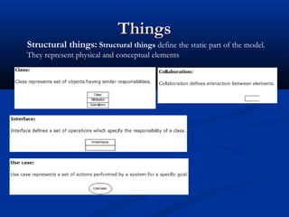ThingsThings
Structural things: Structural things define the static part of the model.
They represent physical and conceptual elements
 