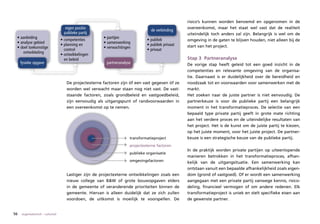 risico’s kunnen worden benoemd en opgenomen in de
                                      eigen positie                                                 overeenkomst, maar het staat wel vast dat de realiteit
                                                                                  de verbinding
                                     publieke partij                                                uiteindelijk toch anders zal zijn. Belangrijk is wel om de
 • aanleiding                                           • partijen
                                   • competenties                               • publiek           omgeving in de gaten te blijven houden, niet alleen bij de
 • analyse gebied                                       • samenwerking
                                   • planning en                                • publiek privaat   start van het project.
 • doel toekomstige                                     • verwachtingen
                                     control                                    • privaat
    ontwikkeling
                                   • ontwikkelingen
                                     en beleid                                                      Stap 3 Partneranalyse
     fysieke opgave                                       partneranalyse                            De vorige stap heeft geleid tot een goed inzicht in de
                                                                                                    competenties en relevante omgeving van de organisa-
                                                                                                    tie. Daarnaast is er duidelijkheid over de bereidheid en
                                      De projectexterne factoren zijn óf een vast gegeven óf ze     noodzaak tot en voorwaarden voor samenwerken met de
                                      worden wel verwacht maar staan nog niet vast. De vast-        markt.
                                      staande factoren, zoals grondbeleid en vastgoedbeleid,        Het zoeken naar de juiste partner is niet eenvoudig. De
                                      zijn eenvoudig als uitgangspunt of randvoorwaarden in         partnerkeuze is voor de publieke partij een belangrijk
                                      een overeenkomst op te nemen.                                 moment in het transformatieproces. De selectie van een
                                                                                                    bepaald type private partij geeft in grote mate richting
                                                                                                    aan het verdere proces en de uiteindelijke resultaten van
                                                                                                    het project. Het is de kunst om de juiste partij te kiezen,
                                                                                                    op het juiste moment, voor het juiste project. De partner-
                                                                       transformatieproject         keuze is een strategische keuze van de publieke partij.
                                                                       projectexterne factoren
                                                                                                    In de praktijk worden private partijen op uiteenlopende
                                                                       publieke organisatie
                                                                                                    manieren betrokken in het transformatieproces, afhan-
                                                                       omgevingsfactoren            kelijk van de uitgangsituatie. Een samenwerking kan
                                                                                                    ontstaan vanuit een bepaalde afhankelijkheid zoals eigen-
                                      Lastiger zijn de projectexterne ontwikkelingen zoals een      dom (grond of vastgoed). Of er wordt een samenwerking
                                      nieuw college van B&W of grote bouwopgaven elders             aangegaan met een private partij vanwege kennis, risico-
                                      in de gemeente of veranderende prioriteiten binnen de         deling, financieel vermogen of om andere redenen. Elk
                                      gemeente. Hiervan is alleen duidelijk dat ze zich zullen      transformatieproject is uniek en stelt specifieke eisen aan
                                      voordoen, de uitkomst is moeilijk te voorspellen. De          de gewenste partner.


56   organisatorisch – cultureel
 