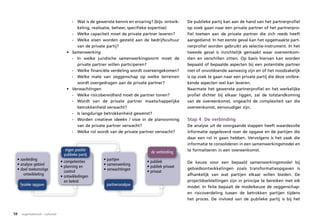 - Wat is de gewenste kennis en ervaring? (bijv. ontwik-   De publieke partij kan aan de hand van het partnerprofiel
                                          keling, realisatie, beheer, specifieke expertise)       op zoek gaan naar een private partner of het partnerpro-
                                        - Welke capaciteit moet de private partner leveren?       fiel toetsen aan de private partner die zich reeds heeft
                                        - Welke eisen worden gesteld aan de bedrijfscultuur       aangediend. In het eerste geval kan het opgemaakte part-
                                          van de private partij?                                  nerprofiel worden gebruikt als selectie-instrument. In het
                                      • Samenwerking                                              tweede geval is inzichtelijk gemaakt waar overeenkom-
                                        - In welke juridische samenwerkingsvorm moet de           sten en verschillen zitten. Op basis hiervan kan worden
                                          private partner willen participeren?                    bepaald of bepaalde aspecten bij een potentiële partner
                                        - Welke financiële verdeling wordt overeengekomen?        niet of onvoldoende aanwezig zijn en of het noodzakelijk
                                        - Welke mate van zeggenschap op welke terreinen           is op zoek te gaan naar een private partij die deze ontbre-
                                          wordt overgedragen aan de private partner?              kende aspecten wel kan leveren.
                                      • Verwachtingen                                             Naarmate het gewenste partnerprofiel en het werkelijke
                                        - Welke risicobereidheid moet de partner tonen?           profiel dichter bij elkaar liggen, zal de totstandkoming
                                        - Wordt van de private partner maatschappelijke           van de overeenkomst, ongeacht de complexiteit van die
                                          betrokkenheid verwacht?                                 overeenkomst, eenvoudiger zijn.
                                        - Is langdurige betrokkenheid gewenst?
                                        - Worden creatieve ideeën / visie in de planvorming       Stap 4 De verbinding
                                          van de private partner verwacht?                        De analyse uit de voorgaande stappen heeft waardevolle
                                        - Welke rol wordt van de private partner verwacht?        informatie opgeleverd over de opgave en de partijen die
                                                                                                  daar een rol in gaan hebben. Vervolgens is het zaak die
                                                                                                  informatie te consolideren in een samenwerkingsmodel en
                                      eigen positie                             de verbinding     te formaliseren in een overeenkomst.
                                     publieke partij
 • aanleiding                                           • partijen
                                   • competenties                             • publiek           De keuze voor een bepaald samenwerkingsmodel bij
 • analyse gebied                                       • samenwerking
                                   • planning en                              • publiek privaat   gebiedsontwikkelingen zoals transformatieopgaven is
 • doel toekomstige                                     • verwachtingen
                                     control                                  • privaat
    ontwikkeling                                                                                  afhankelijk van wat partijen elkaar willen bieden. De
                                   • ontwikkelingen
                                     en beleid                                                    projectdoelstellingen zijn in principe te bereiken met elk
     fysieke opgave                                       partneranalyse
                                                                                                  model. In feite bepaalt de modelkeuze de zeggenschap-
                                                                                                  en risicoverdeling tussen de betrokken partijen tijdens
                                                                                                  het proces. De invloed van de publieke partij is bij het


58   organisatorisch – cultureel
 