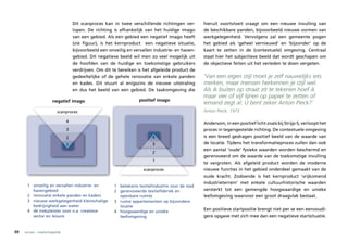 Dit scanproces kan in twee verschillende richtingen ver-        hieruit voortvloeit vraagt om een nieuwe invulling van
                                     lopen. De richting is afhankelijk van het huidige imago         de beschikbare panden, bijvoorbeeld nieuwe vormen van
                                     van een gebied. Als een gebied een negatief imago heeft         werkgelegenheid. Vervolgens zal een gemeente pogen
                                     (zie figuur), is het kernproduct een negatieve situatie,        het gebied als ‘geheel vernieuwd’ en ‘bijzonder’ op de
                                     bijvoorbeeld een onveilig en vervallen industrie- en haven-     kaart te zetten in de (contextuele) omgeving. Centraal
                                     gebied. Dit negatieve beeld wil men zo veel mogelijk uit        staat hier het subjectieve beeld dat wordt geschapen om
                                     de hoofden van de huidige en toekomstige gebruikers             de objectieve feiten uit het verleden te doen vergeten.
                                     verdrijven. Om dit te bereiken is het afgeleide product de
                                     gedeeltelijke of de gehele renovatie van enkele panden          ‘Van een eigen stijl moet je zelf nauwelijks iets
                                     en kades. Dit stuurt al enigszins de nieuwe uitstraling         merken, maar mensen herkennen je stijl wel.
                                     en dus het beeld van een gebied. De taakomgeving die            Als ik buiten op straat zit te tekenen hoef ik
                                                                                                     maar vier of vijf lijnen op papier te zetten of
                        negatief imago                               positief imago
                                                                                                     iemand zegt al: U bent zeker Anton Pieck?’
                           scanproces                                                                Anton Pieck, 1973

                                 4                                                                   Andersom, in een positief licht zoals bij Strijp-S, verloopt het
                                 3                                                                   proces in tegengestelde richting. De contextuele omgeving
                                 2                                          4                        is een breed gedragen positief beeld van de waarde van
                                 1                                          3                        de locatie. Tijdens het transformatieproces zullen dan ook
                                                                                                     een aantal ‘oude’ fysieke waarden worden beschermd en
                                                                            2
                                                                                                     gerenoveerd om de waarde van de toekomstige invulling
                                                                            1
                                                                                                     te vergroten. Als afgeleid product worden de moderne
                                                                        scanproces                   nieuwe functies in het gebied onderdeel gemaakt van de
                                                                                                     oude kracht. Zodoende is het kernproduct ‘vrijkomend
                                                                                                     industrieterrein’ met enkele cultuurhistorische waarden
      1 onveilig en vervallen industrie- en              1 betekenis textielindustrie voor de stad
        havengebied                                      2 gerenoveerde textielfabriek en            versterkt tot een gemengde hoogwaardige en unieke
      2 renovatie enkele panden en kaders                  openbare ruimte                           leefomgeving waarvoor een groot draagvlak bestaat.
      3 nieuwe werkgelegenheid kleinschalige             3 ruime appartementen op bijzondere
        bedrijvigheid aan water                            locatie
      4 dé trekpleister voor o.a. creatieve              4 hoogwaardige en unieke                    Een positieve startpositie brengt niet per se een eenvoudi-
        sector en leisure                                  leefomgeving                              gere opgave met zich mee dan een negatieve startsituatie.


88   sociaal – maatschappelijk
 
