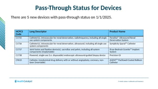 © Health Catalyst. Confidential and Proprietary.
Pass-Through Status for Devices
There are 5 new devices with pass-through status on 1/1/2025.
HCPCS
Code
Long Descriptor Product Name
C1735 Catheter(s), intravascular for renal denervation, radiofrequency, including all single
use system components
Paradise® Ultrasound Renal
Denervation System
C1736 Catheter(s), intravascular for renal denervation, ultrasound, including all single use
system components
Symplicity Spyral™ Catheter
C1737 Joint fusion and fixation device(s), sacroiliac and pelvis, including all system
components (implantable)
iFuse Bedrock Granite™ Implant
System
C1738 Powered, single-use (i.e. disposable) endoscopic ultrasound-guided biopsy device Precision GI
C9610 Catheter, transluminal drug delivery with or without angioplasty, coronary, non-
laser (insertable)
AGENT™ Paclitaxel-Coated Balloon
Catheter
 