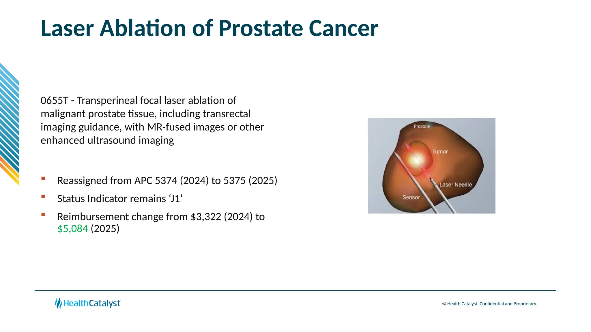 © Health Catalyst. Confidential and Proprietary.
Laser Ablation of Prostate Cancer
0655T - Transperineal focal laser ablation of
malignant prostate tissue, including transrectal
imaging guidance, with MR-fused images or other
enhanced ultrasound imaging
 Reassigned from APC 5374 (2024) to 5375 (2025)
 Status Indicator remains ‘J1’
 Reimbursement change from $3,322 (2024) to
$5,084 (2025)
 