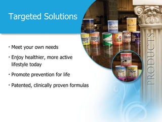 Targeted Solutions Meet your own needs Enjoy healthier, more active lifestyle today Promote prevention for life Patented, clinically proven formulas 