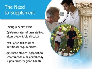 The Need  to Supplement Facing a health crisis Epidemic rates of devastating, often preventable diseases 75% of us fall short of  nutritional requirements American Medical Association  recommends a balanced daily  supplement for good health 