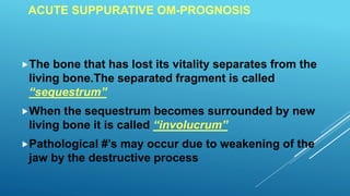 ACUTE SUPPURATIVE OM-PROGNOSIS
The bone that has lost its vitality separates from the
living bone.The separated fragment is called
“sequestrum”
When the sequestrum becomes surrounded by new
living bone it is called “involucrum”
Pathological #’s may occur due to weakening of the
jaw by the destructive process
 