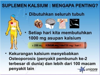 • Dibutuhkan seluruh tubuh



         • Setiap hari kita membutuhkan
           1000 mg asupan kalsium
             ± 250 mg   KEKURANGAN 750 mg / hari !
                         1.000 mg / hari


• Kekurangan kalsium menyebabkan
  Osteoporosis (penyakit pembunuh ke-2
  terbesar di dunia) dan lebih dari 100 macam
  penyakit lain
 