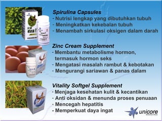 Spirulina Capsules
- Nutrisi lengkap yang dibutuhkan tubuh
- Meningkatkan kekebalan tubuh
- Menambah sirkulasi oksigen dalam darah


Zinc Cream Supplement
- Membantu metabolisme hormon,
  termasuk hormon seks
- Mengatasi masalah rambut & kebotakan
- Mengurangi sariawan & panas dalam

Vitality Softgel Supplement
- Menjaga kesehatan kulit & kecantikan
- Anti oksidan & menunda proses penuaan
- Mencegah hepatitis
- Memperkuat daya ingat
 