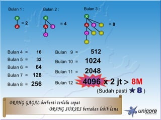 Bulan 1 :          Bulan 2 :            Bulan 3 :

                   X                    X
    X
        =2                     =4       A   B       =8
    A              A   B

                   C                    C




Bulan 4 =     16           Bulan 9 =        512
Bulan 5 =     32           Bulan 10 =   1024
Bulan 6 =  64
Bulan 7 = 128
                           Bulan 11 =   2048
Bulan 8 =    256           Bulan 12 =   4096 x 2 jt > 8M
                                                (Sudah pasti   )
 
