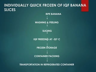 INDIVIDUALLY QUICK FROZEN OF IQF BANANA
SLICES
RIPE BANANA
WASHING & PEELING
SLICING
IQF FREEZING AT -32o C
FROZEN STORAGE
CONTAINER PACKING
TRANSPORTATION IN REFRIGERATED CONTAINER
 