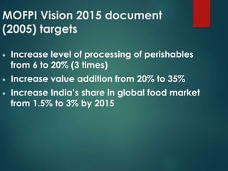 MOFPI Vision 2015 document
(2005) targets
 Increase level of processing of perishables
from 6 to 20% (3 times)
 Increase value addition from 20% to 35%
 Increase India’s share in global food market
from 1.5% to 3% by 2015
 