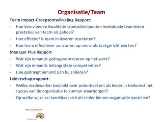 Organisatie/Team Team Impact-Groepsontwikkeling Rapport: Hoe beinvloeden kwaliteiten/ontwikkelpunten individuele teamleden prestaties van team als geheel? Hoe effectief is team in leveren resultaten? Hoe team effectiever aansturen op mens-als taakgericht werken? Manager Plus Rapport Wat zijn iemands gedragsvoorkeuren op het werk? Wat zijn iemands belangrijkste competenties? Hoe gedraagt iemand zich bij anderen? Leiderschapsrapport: Welke medewerker beschikt over potentieel om als leider in toekomst het succes van de organisatie te kunnen waarborgen? Op welke wijze zal kandidaat zich als leider binnen organisatie opstellen? 