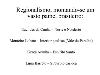 Euclides da Cunha – Norte e Nordeste
Monteiro Lobato – Interior paulista (Vale do Paraíba)
Graça Aranha – Espírito Santo
Lima Barreto – Subúrbio carioca
Regionalismo, montando-se um
vasto painel brasileiro:
 