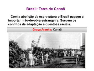 Brasil: Terra de Canaã 
Com a abolição da escravatura o Brasil passou a importar mão-de-obra estrangeira. Surgem os conflitos de adaptação e questões raciais. 
Graça Aranha: Canaã  