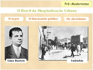 O Brasil da Marginalização Urbana O negro O funcionário público Os alcoólatras Pré-Modernismo Lima Barreto Subúrbio 