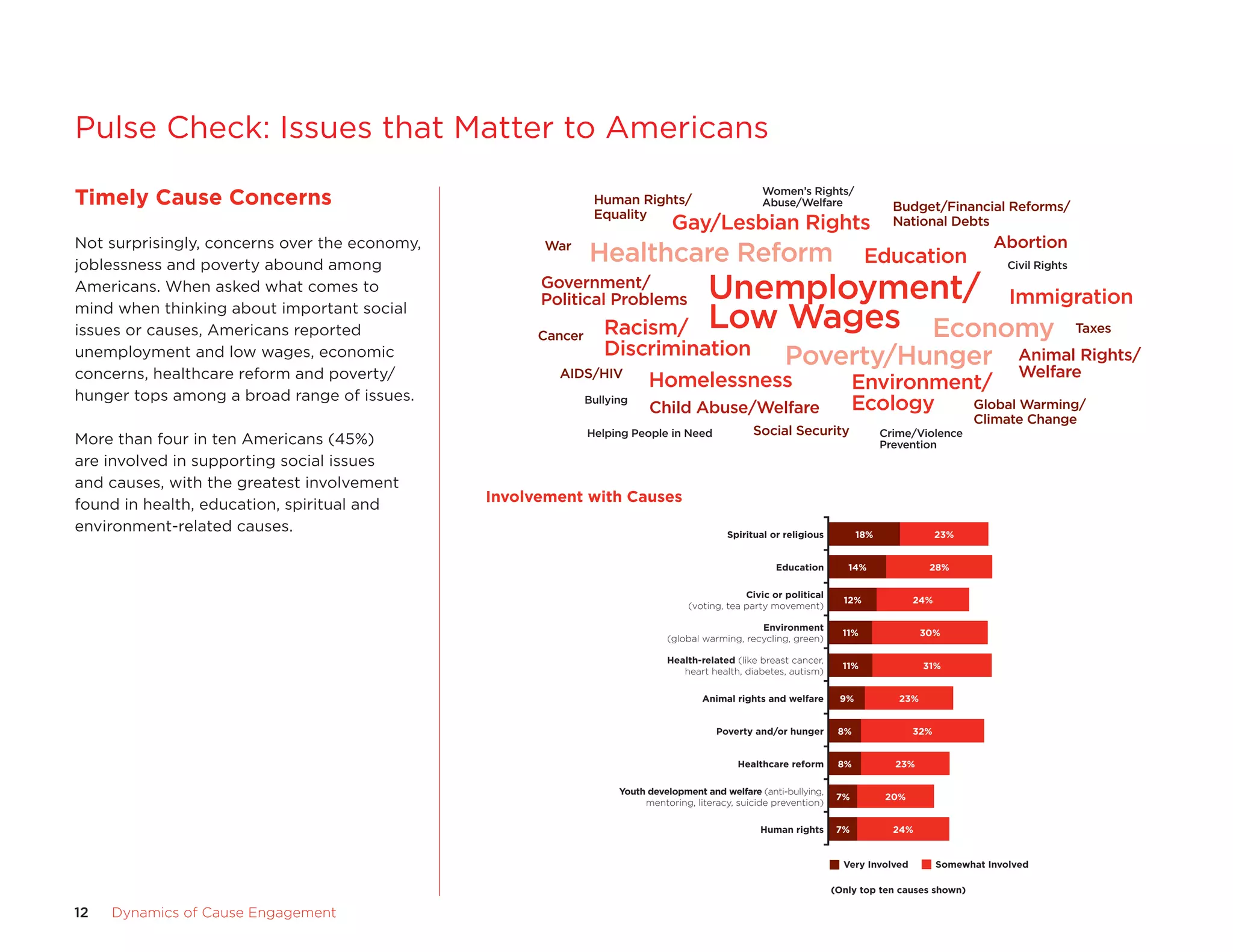 12	 Dynamics of Cause Engagement
Timely Cause Concerns
Not surprisingly, concerns over the economy,
joblessness and poverty abound among
Americans. When asked what comes to
mind when thinking about important social
issues or causes, Americans reported
unemployment and low wages, economic
concerns, healthcare reform and poverty/
hunger tops among a broad range of issues.
More than four in ten Americans (45%)
are involved in supporting social issues
and causes, with the greatest involvement
found in health, education, spiritual and
environment-related causes.
Pulse Check: Issues that Matter to Americans
Cause Involvement
Americans are most involved in spiritual, health, education,
and environment-related causes.
Spiritual or religious 18%
Education 14%
Civic or political
(voting, tea party movement)
12%
Environment
(global warming, recycling, green)
11%
Health-related (like breast cancer,
heart health, diabetes, autism)
11%
Animal rights and welfare 9%
Poverty and/or hunger 8%
Healthcare reform 8%
Youth development and welfare (anti-bullying,
mentoring, literacy, suicide prevention)
7%
Human rights 7%
23%
28%
24%
30%
31%
23%
32%
23%
20%
24%
Very Involved Somewhat Involved
(Only top ten causes shown)
Key Findings
Top-of-Mind Social Issues and Causes
When thinking of important social issues or causes, Americans report a broad range of concerns with economic
considerations, healthcare reform and poverty/hunger most top-of-mind.
Unemployment/
Low Wages
Healthcare Reform
Poverty/Hunger
Economy
Education
Immigration
Gay/Lesbian Rights
Homelessness
Racism/
Discrimination
Environment/
Ecology
Animal Rights/
Welfare
Government/
Political Problems
Human Rights/
Equality
Women’s Rights/
Abuse/Welfare
Civil Rights
Crime/Violence
Prevention
Helping People in Need
Bullying
Budget/Financial Reforms/
National Debts
Global Warming/
Climate Change
War
Cancer
AIDS/HIV
Social Security
Taxes
Child Abuse/Welfare
Abortion
Involvement with Causes
 