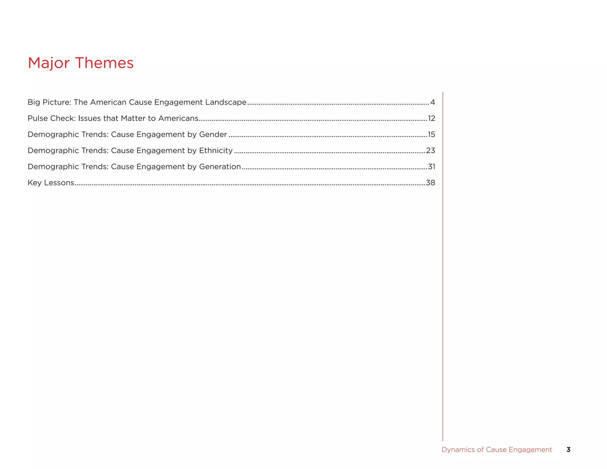 Major Themes

Big Picture: The american cause engagement Landscape .................................................................................................4

Pulse check: Issues that Matter to americans..........................................................................................................................12

Demographic Trends: cause engagement by Gender ..........................................................................................................15

Demographic Trends: cause engagement by ethnicity ......................................................................................................23

Demographic Trends: cause engagement by Generation ...................................................................................................31

Key Lessons ...........................................................................................................................................................................................38




                                                               	                                                                                                                                            Dynamics	of	Cause	Engagement	   3
 
