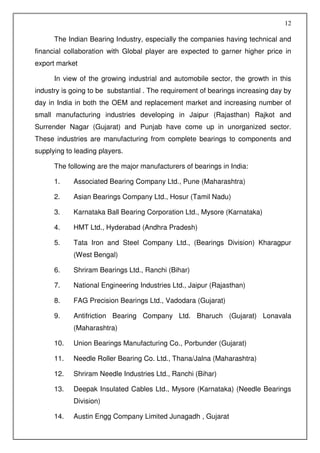 12

      The Indian Bearing Industry, especially the companies having technical and
financial collaboration with Global player are expected to garner higher price in
export market

      In view of the growing industrial and automobile sector, the growth in this
industry is going to be substantial . The requirement of bearings increasing day by
day in India in both the OEM and replacement market and increasing number of
small manufacturing industries developing in Jaipur (Rajasthan) Rajkot and
Surrender Nagar (Gujarat) and Punjab have come up in unorganized sector.
These industries are manufacturing from complete bearings to components and
supplying to leading players.

      The following are the major manufacturers of bearings in India:

      1.    Associated Bearing Company Ltd., Pune (Maharashtra)

      2.    Asian Bearings Company Ltd., Hosur (Tamil Nadu)

      3.    Karnataka Ball Bearing Corporation Ltd., Mysore (Karnataka)

      4.    HMT Ltd., Hyderabad (Andhra Pradesh)

      5.    Tata Iron and Steel Company Ltd., (Bearings Division) Kharagpur
            (West Bengal)

      6.    Shriram Bearings Ltd., Ranchi (Bihar)

      7.    National Engineering Industries Ltd., Jaipur (Rajasthan)

      8.    FAG Precision Bearings Ltd., Vadodara (Gujarat)

      9.    Antifriction Bearing Company Ltd. Bharuch (Gujarat) Lonavala
            (Maharashtra)

      10.   Union Bearings Manufacturing Co., Porbunder (Gujarat)

      11.   Needle Roller Bearing Co. Ltd., Thana/Jalna (Maharashtra)

      12.   Shriram Needle Industries Ltd., Ranchi (Bihar)

      13.   Deepak Insulated Cables Ltd., Mysore (Karnataka) (Needle Bearings
            Division)

      14.   Austin Engg Company Limited Junagadh , Gujarat
 