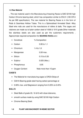 16

1.5 Raw Material

. The raw material used in the Manufacturing of bearing Races is SAE 52100 high
Carbon Chrome bearing steel, which has composition similar to EN-31 (100 CR 6
As per BIS specification). The raw material for Bearing Races is in the form of
Rods & Seamless Hollow Tubes. This is a Spherodised Annealed Steel. Alloy
Steel wire rods are used for the manufacture of rollers & balls. The cages and
retainers are made out of plain carbon steel of 1008 & 1015 grade.Other materials
like stainless steels are also used as per the customers requirements .
Approximate required composition for BEARING RACEs are:-

   • Constitute               % Composition

   • Carbon                          0.95 to 1.1

   • Chromium                 1.4 to 1.6

   • Manganese                       0.50 max.

   • Silicon                         0.15 to 0.35

   • Sulphur                         0.025 (Max.)

   • Phosphorous                     0.05

   • Oxygen Content               Note more than 15 ppm

CAGE'S

   • The Material for manufacturing cages is CRCA Strips of

   • C2015 Bearing grade steel having carbon percentage at

   • 0.08% max. and Magnesium ranging from 0.25% to 0.45%

BALL'S

   • Steel Balls of grade 20, 16 &10 with close tolerance,

   • smooth surface made by using SAE 52100 High Carbon

   • Chrome Bearing Steel.



   1.6      PLANT AND MACHINERY IN MSME SECTOR
 
