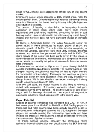 47

driver for OEM market as it accounts for almost 45% of total bearing
market.
Engineering sector, which accounts for 28% of total share, holds the
second growth driver. Considering the high reliance of bearing industry
on automobile sector, the fate of bearing industry is largely dependent
on production of vehicles.
The demand of bearing is also linked to heavy-duty industrial
application in rolling stock, rolling mills, heavy earth moving
equipments and other heavy machinery, accounting for 21% of total
bearing market. However demand in the latter category is met through
imports and therefore does not have significant impact on domestic
growth .
Up Swing in Automobile Sector ,The Indian Automobile sector has
grown 16.5% in FY03 contributed by export growth of 65.3% and
domestic growth of 14.8%. The automobile industry comprising of
commercial vehicles, passenger cars, multi-utility vehicles, two/three
wheelers and tractors has performed extremely well in FY03. The
sharp growth of this sector has been partly driven by the impact of
lower interest rate on demand, intermediated by a competitive financial
sector, which has steadily cut prices of automobile loans as interest
rates went down.
Infrastructure has received a fillip in last 2 years through N-S-E-W
corridor and Golden Quadrilateral projects. The transformation of road
transport industry through these initiatives will lead to higher demand
for commercial vehicle industry. Passenger cars continue to grow in
double digit driven by rising aspiration levels and easy availability of
cheap finance. Within two wheelers, we expect motorcycle industry
growth to continue on its growth path.
After two bad years, the tractor industry is also likely to witness a
revival with completion of inventory correction phase and good
monsoons likely to drive demand. The positive outlook for auto sector
augur well for bearings demand and we expect all segment of
automobile industry to report strong growth in the coming year.

Export Potential
Exports of bearings companies has increased at a CAGR of 13% in
last seven years from 1995-96 to 2001-02 at Rs2.5bn.Big players in
Indian ball and roller bearing have been already exporting a part of
their production to developed countries like US, Europe etc. Domestic
players are already sensing the outsourcing opportunity and have
initiated the process of manufacturing a range of bearings for meeting
the requirements of global customers.
The Indian bearing industry, especially the companies having
technical/ financial collaboration with global players like SKF Bearings,
 