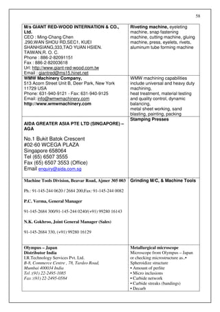 58

M/s GIANT RED-WOOD INTERNATION & CO.,                  Riveting machine, eyeleting
Ltd.                                                   machine, snap fastening
CEO : Ming-Chang Chen                                  machine, cutting machine, gluing
.290,WAN SHOU RD,SEC1, KUEI                            machine, press, eyelets, rivets,
SHANHSIANG,333,TAO YUAN HSIEN.                         aluminum tube forming machine
TAIWAN,R. O. C.
Phone : 886-2-82091151
Fax : 886-2-82003618
Url: http://www.giant-red-wood.com.tw
Email : giantred@ms15.hinet.net
WMW Machinery Company,                                 WMW machining capabilities
513 Acorn Street Unit B, Deer Park, New York           include universal and heavy duty
11729 USA                                              machining,
Phone: 631-940-9121 - Fax: 631-940-9125                heat treatment, material testing
Email: info@wmwmachinery.com                           and quality control, dynamic
http://www.wmwmachinery.com                            balancing,
                                                       metal sheet working, sand
                                                       blasting, painting, packing
                                                       Stamping Presses
AIDA GREATER ASIA PTE LTD (SINGAPORE) –
AGA

No.1 Bukit Batok Crescent
#02-60 WCEGA PLAZA
Singapore 658064
Tel (65) 6507 3555
Fax (65) 6507 3553 (Office)
Email enquiry@aida.com.sg

Machine Tools Division, Beavar Road, Ajmer 305 003     Grinding M/C, & Machine Tools

Ph.: 91-145-244 0620 / 2684 200,Fax: 91-145-244 0082

P.C. Verma, General Manager

91-145-2684 300/91-145-244 0240/(+91) 99280 16143

N.K. Gokhroo, Joint General Manager (Sales)

91-145-2684 330, (+91) 99280 16129


Olympus – Japan                                        Metallurgical microscope
Distributor India                                      Microscope from Olympus – Japan
I.R.Technology Services Pvt. Ltd.                      or checking microstructure as..•
B-8, Commerce Centre , 78, Tardeo Road,                Spheroidize structure
Mumbai 400034 India                                    • Amount of perlite
Tel :(91) 22-2495-1085                                 • Micro inclusions
Fax :(91) 22-2495-0584                                 • Carbide network
                                                       • Carbide streaks (bandings)
                                                       • Decarb
 