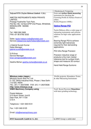 59

                                                     • Hardening & Tempering
Talysurf FTS (Taylor Hobson Limited - U.K.)          Form and surface finish measuring
                                                     instrument for checking the
AMETEK INSTRUMENTS INDIA PRIVATE                     Crowning Profile & Surface Finish of
LIMITED                                              rollers.
Prestige Featherlite Tech Park,                      Profile Projector (100X) :
Plot No.148, 1st floor,EPIP 2nd Phase, Whitefield,
BANGALORE 560066                                     Optics Range PGI
INDIA ,
                                                     Taylor Hobson offers a wide range of
Tel: 1860 266 2468                                   measuring instruments and software
FAX:+91 80 6782 3232                                 solutions for high value applications
                                                     optics.
Sales :taylor-hobson.india@ametek.com
Service:indiaservice.taylorhobson@ametek.com         Bearing Range PGI to achieve
                                                     extremely tight tolerances
J.Gabriel Suresh Kumar                               required for their demanding
Sales Manager                                        applications.
gabriel.suresh@ametek.co.uk
                                                     PGI Ultra Range Precision
S.R.Kiran
Service Manager                                      Precision inductive range of
kiran.ramaprasad@ametek.com                          products is the main market
                                                     reference tool for surface finish,
Geetha Mohan geetha.mohan@ametek.co.uk               shape and measure 3D contour.

                                                     Hand Held Range Surtronic




Mitutoyo make (Japan,)                               Profile projecter, Roundness Tester,
Mitutoyo South Asia Pvt. Ltd.                        & other Measuring Instruments
C-122, Okhla Industrial Area, Phase-I, New Delhi-
110 020, INDIA
TEL: (91) 11-26372090 FAX: (91) 11-26372636
http://www.mitutoyo.co.jp
WMW Machinery Company using:                         Tooll Room Precision Mmachines
                                                     with latest grinding technology.
Postal Address:
513 Acorn Street, Unit B
Deer Park, NY 11729
U.S.A.

Telephone: 1-631-940-9121

Fax: 1-631-940-9125

Email: info@wmwmachinery.com


BWF Kunststoffe GmbH & Co. KG                        he BWF Group is subdivided
 