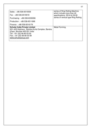 63

Sales：+86-536-6510558                            series of Ring Rolling Machine
                                                 which include more than 40
Fax：+86-536-6519018                              specifications. D51A & D51B
Purchasing：+86-536-6330266                       series of vertical type Ring Rolling

Production：+86-536-6511668
Finance：+86-536-6516178
Schuler India Private Limited                    Metal Forming.
401–403 Keshava , Bandra-Kurla Complex, Bandra
(East), Mumbai 400 051 India
Tel.: +91 (22) 66 80 03 00
Fax.: +91 (22) 66 80 03 99
www.schulergroup.com
 