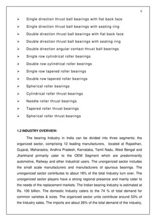 9

      Single direction thrust ball bearings with flat back face

      Single direction thrust ball bearings with seating ring

      Double direction thrust ball bearings with flat back face

      Double direction thrust ball bearings with seating ring

      Double direction angular contact thrust ball bearings

      Single row cylindrical roller bearings

      Double row cylindrical roller bearings

      Single row tapered roller bearings

      Double row tapered roller bearings

      Spherical roller bearings

      Cylindrical roller thrust bearings

      Needle roller thrust bearings

      Tapered roller thrust bearings

      Spherical roller thrust bearings



1.2 INDUSTRY OVERVIEW:

      The bearing Industry in India can be divided into three segments; the
organized sector, comprising 12 leading manufacturers,     located at Rajasthan,
Gujarat, Maharastra, Andhra Pradesh, Karnataka, Tamil Nadu, West Bengal and
Jharkhand primarily cater to the OEM Segment which are predominantly
automotive, Railway and other Industrial users. The unorganized sector includes
the small scale manufacturers and manufacturers of spurious bearings. The
unorganized sector contributes to about 18% of the total Industry turn over. The
unorganized sector players have a strong regional presence and mainly cater to
the needs of the replacement markets. The Indian bearing Industry is estimated at
Rs. 100 billion. The domestic Industry caters to the 74 % of total demand for
common varieties & sizes. The organized sector units contribute around 53% of
the Industry sales. The imports are about 26% of the total demand of the industry,
 