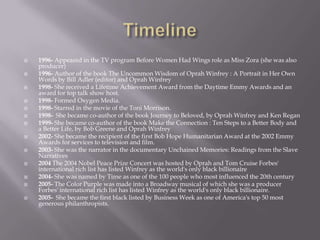    1996- Appeared in the TV program Before Women Had Wings role as Miss Zora (she was also
    producer)
   1996- Author of the book The Uncommon Wisdom of Oprah Winfrey : A Portrait in Her Own
    Words by Bill Adler (editor) and Oprah Winfrey
   1998- She received a Lifetime Achievement Award from the Daytime Emmy Awards and an
    award for top talk show host.
   1998- Formed Oxygen Media.
   1998- Starred in the movie of the Toni Morrison.
   1998- She became co-author of the book Journey to Beloved, by Oprah Winfrey and Ken Regan
   1999- She became co-author of the book Make the Connection : Ten Steps to a Better Body and
    a Better Life, by Bob Greene and Oprah Winfrey
   2002- She became the recipient of the first Bob Hope Humanitarian Award at the 2002 Emmy
    Awards for services to television and film.
   2003- She was the narrator in the documentary Unchained Memories: Readings from the Slave
    Narratives
   2004 The 2004 Nobel Peace Prize Concert was hosted by Oprah and Tom Cruise Forbes'
    international rich list has listed Winfrey as the world's only black billionaire
   2004- She was named by Time as one of the 100 people who most influenced the 20th century
   2005- The Color Purple was made into a Broadway musical of which she was a producer
    Forbes' international rich list has listed Winfrey as the world's only black billionaire.
   2005- She became the first black listed by Business Week as one of America's top 50 most
    generous philanthropists.
 