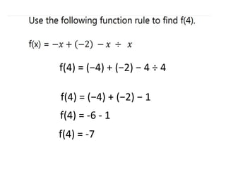 f(4) = (−4) + (−2) − 1
f(4) = -6 - 1
f(4) = -7
f(4) = (−4) + (−2) − 4 ÷ 4
 