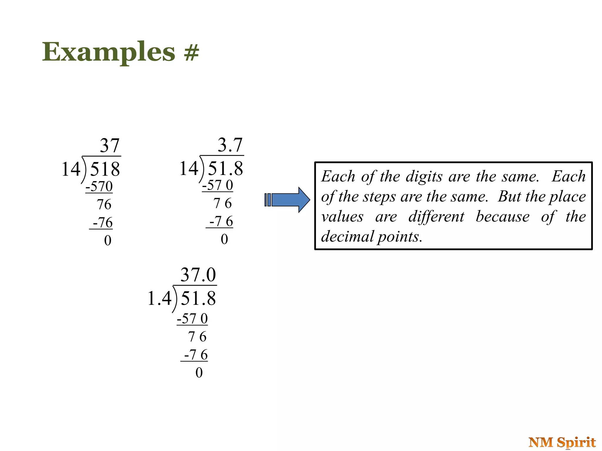 Each of the digits are the same. Each
of the steps are the same. But the place
values are different because of the
decimal points.
37
51814
7.3
8.5114
-570
76
-76
0
-57 0
7 6
-7 6
0
Examples #
0.37
8.514.1
-57 0
7 6
-7 6
0
 