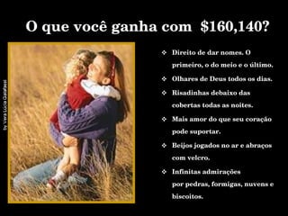 Direito de dar nomes. O primeiro, o do meio e o último. Olhares de Deus todos os dias. Risadinhas debaixo das cobertas todas as noites. Mais amor do que seu coração pode suportar.  Beijos jogados no ar e abraços com velcro. Infinitas admirações  por pedras, formigas, nuvens e biscoitos. O que você ganha com  $160,140? 