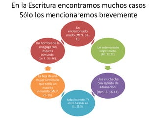 En la Escritura encontramos muchos casos
Sólo los mencionaremos brevemente
Un
endemoniado
mudo.(Mt.9. 32-
33).
Un endemoniado
ciego y mudo.
(Mt. 12.22).
Una muchacha
con espíritu de
adivinación.
(Hch.16. 16-18).
Judas Iscariote. “Y
entró Satanás en
(Lc.22.3).
La hija de una
mujer sirofenicia
que tenía un
espíritu
inmundo.(Mr.7.
25-26).
Un hombre de la
sinagoga con
espíritu
inmundo.
(Lc.4. 33-36).
 