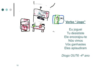 Verbo “Jogo”

         Eu joguei
        Tu desististe
      Ele encorajou-te
         Nós vimos
      Vós ganhastes
      Eles aplaudiram

     Diogo OUT6 -4º ano


10
 