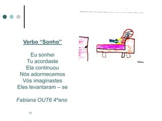 Verbo “Sonho”

      Eu sonhei
    Tu acordaste
   Ela continuou
 Nós adormecemos
  Vós imaginastes
Eles levantaram – se

Fabiana OUT6 4ºano

    11
 