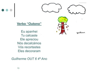 Verbo “Outono”

     Eu apanhei
     Tu calcaste
    Ele apreciou
   Nós decalcámos
   Vós recortastes
   Eles decoraram

Guilherme OUT 6 4º Ano

   13
 