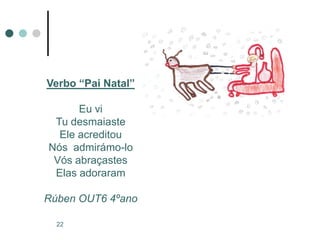 Verbo “Pai Natal”

      Eu vi
 Tu desmaiaste
  Ele acreditou
Nós admirámo-lo
 Vós abraçastes
 Elas adoraram

Rúben OUT6 4ºano

  22
 