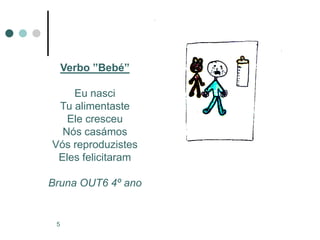 Verbo ”Bebé”

    Eu nasci
 Tu alimentaste
   Ele cresceu
  Nós casámos
Vós reproduzistes
 Eles felicitaram

Bruna OUT6 4º ano


 5
 