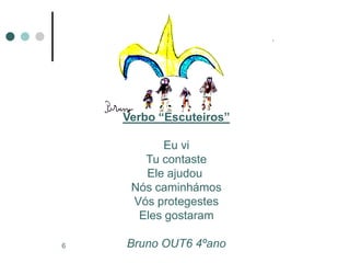 Verbo “Escuteiros”

           Eu vi
       Tu contaste
       Ele ajudou
     Nós caminhámos
     Vós protegestes
      Eles gostaram

6   Bruno OUT6 4ºano
 